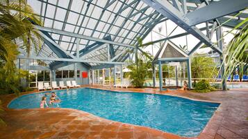 Una piscina interior con agua cristalina, rodeada de tumbonas y palmeras.