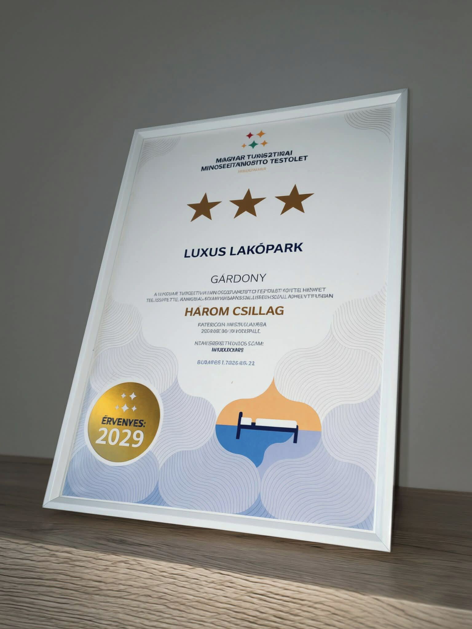 A framed certificate with text and a graphic of a boat on water.