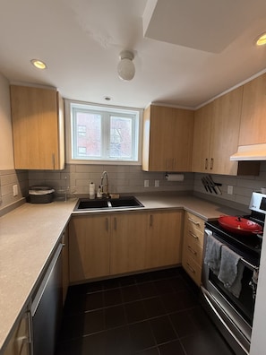 A modern kitchen with wooden cabinets, a double sink, and a red pot on the stove. - Sunny Corner Heart Of Plateau (Montréal)