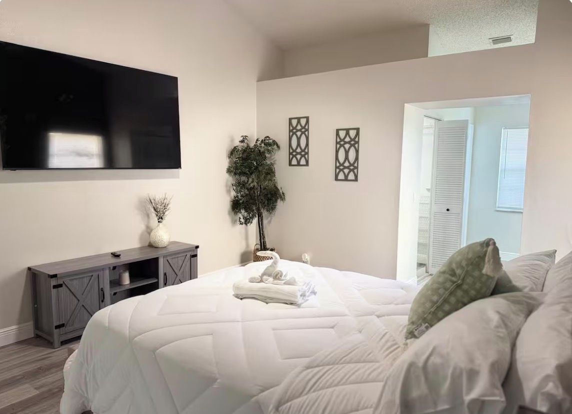 Un dormitorio con una cama grande, un televisor de pantalla plana en la pared, un mueble bajo y una planta en maceta.