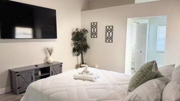 Un dormitorio con una cama grande, un televisor de pantalla plana en la pared, un mueble bajo y una planta en maceta.