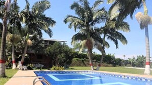 Ein Pool mit klarem, blauem Wasser, umgeben von Palmen und einem Gebäude mit rotem Dach.