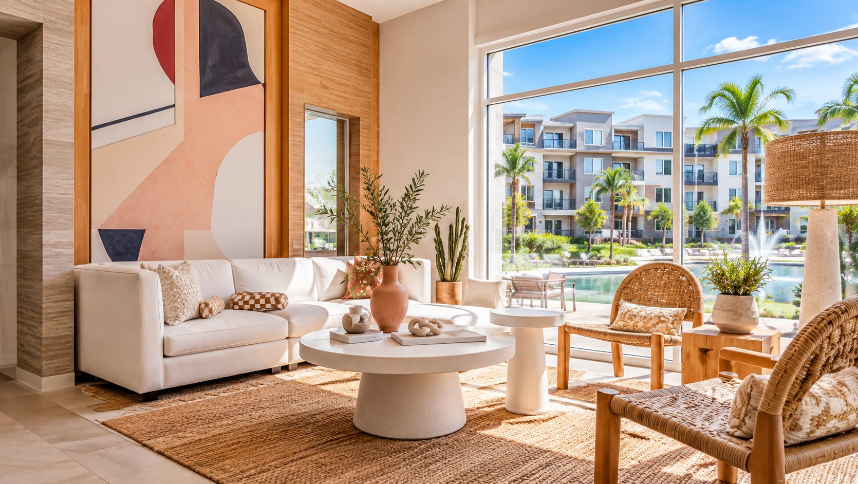 A modern living room with a sofa, coffee table, and wicker chairs, overlooking a pool and a building complex.