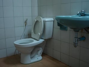 Et badeværelse med toilet og håndvask.