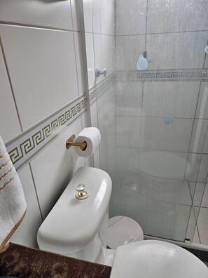 A bathroom with a toilet, a towel, and a shower area. - ROSE DE OLIVEIRA CESARI (Teresópolis)