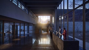 A spacious interior with a reflective floor, large windows, and a staircase leading to an upper level. - Commune by the Great Wall Managed by Kempinski (Beijing)