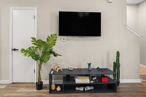 A room with a television mounted on the wall, a potted plant, a black console table with books and decorative items, and a cactus on the floor. - East Austin 4-Bedroom Home, Private Backyard with Plunge Pool & BBQ, Sleeps 11 (Austin)