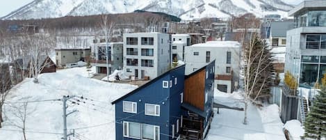 A modern residential area with multi-story buildings, a prominent blue house with a wooden facade, and snow-covered mountains in the background.