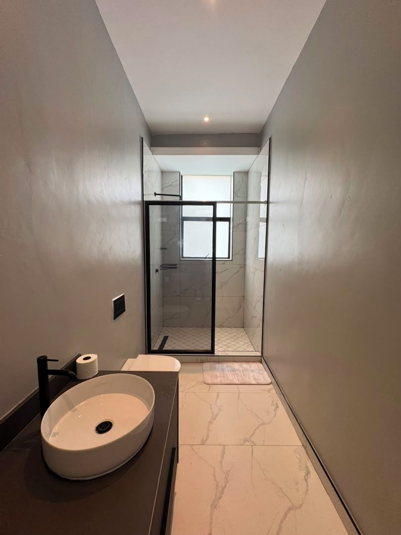 A modern bathroom with a large sink, a glass shower enclosure, and a view into the shower area.