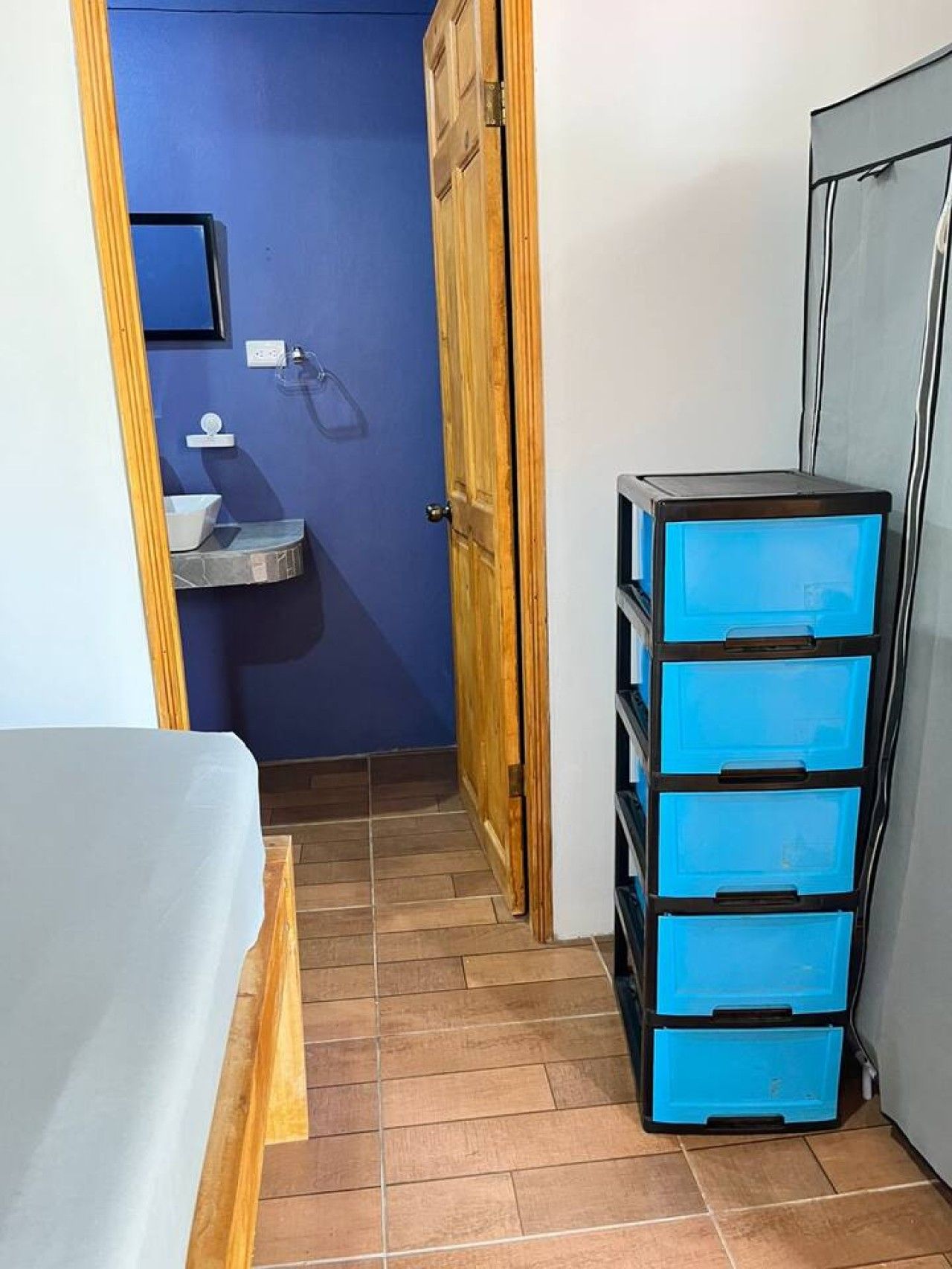 Un couloir étroit avec un mur bleu, une porte en bois, un lavabo blanc et un meuble de rangement bleu.