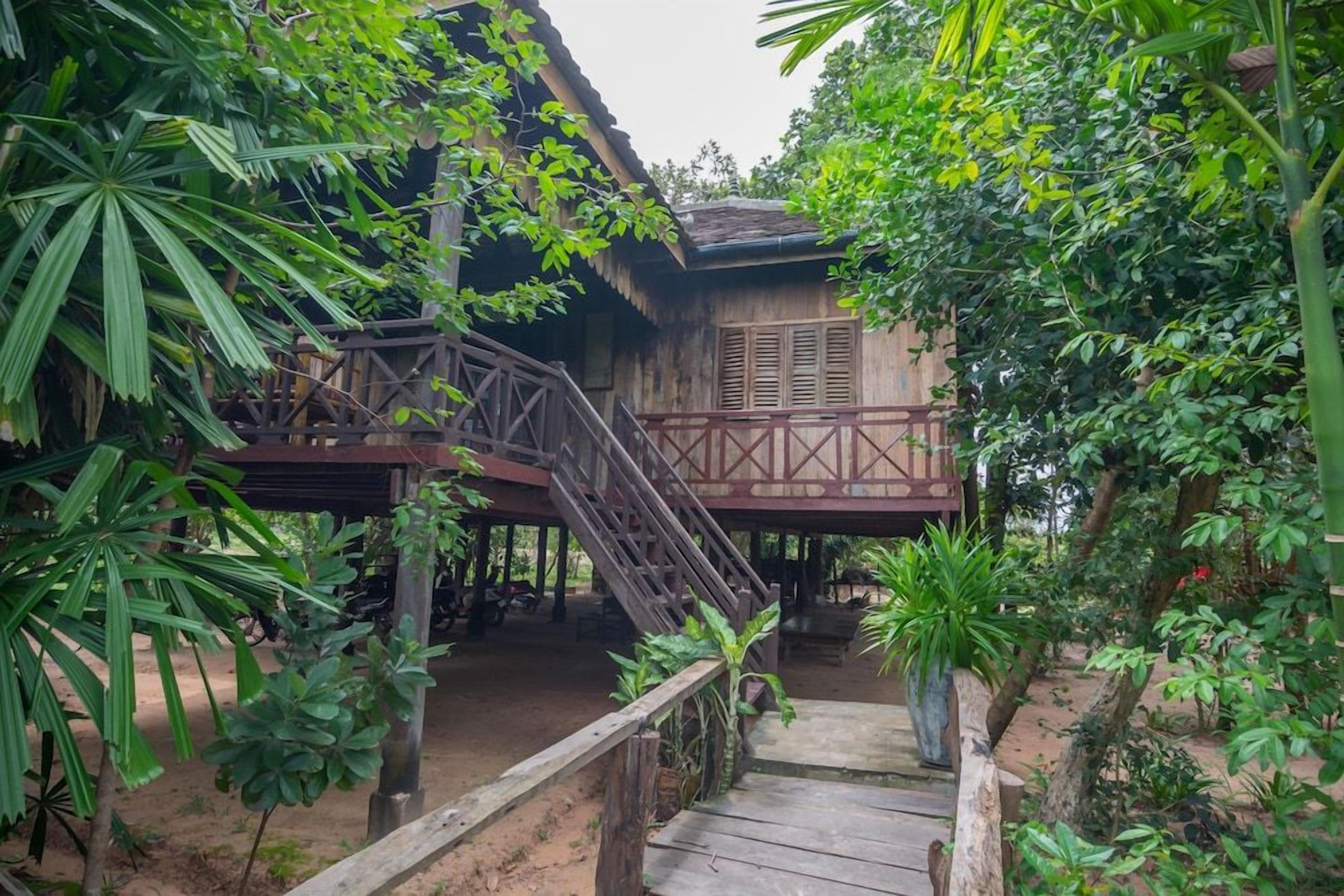 A wooden structure with a staircase leading to a covered area, surrounded by dense foliage.
