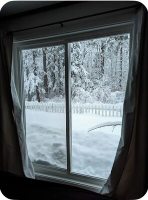 A window with a view of a snow-covered landscape, including trees and a white fence. - Cozy Ski Cabin w/ Fenced Yard 10 Min to Mt Snow, 20 Min to Stratton,Dog Friendly (Wardsboro)