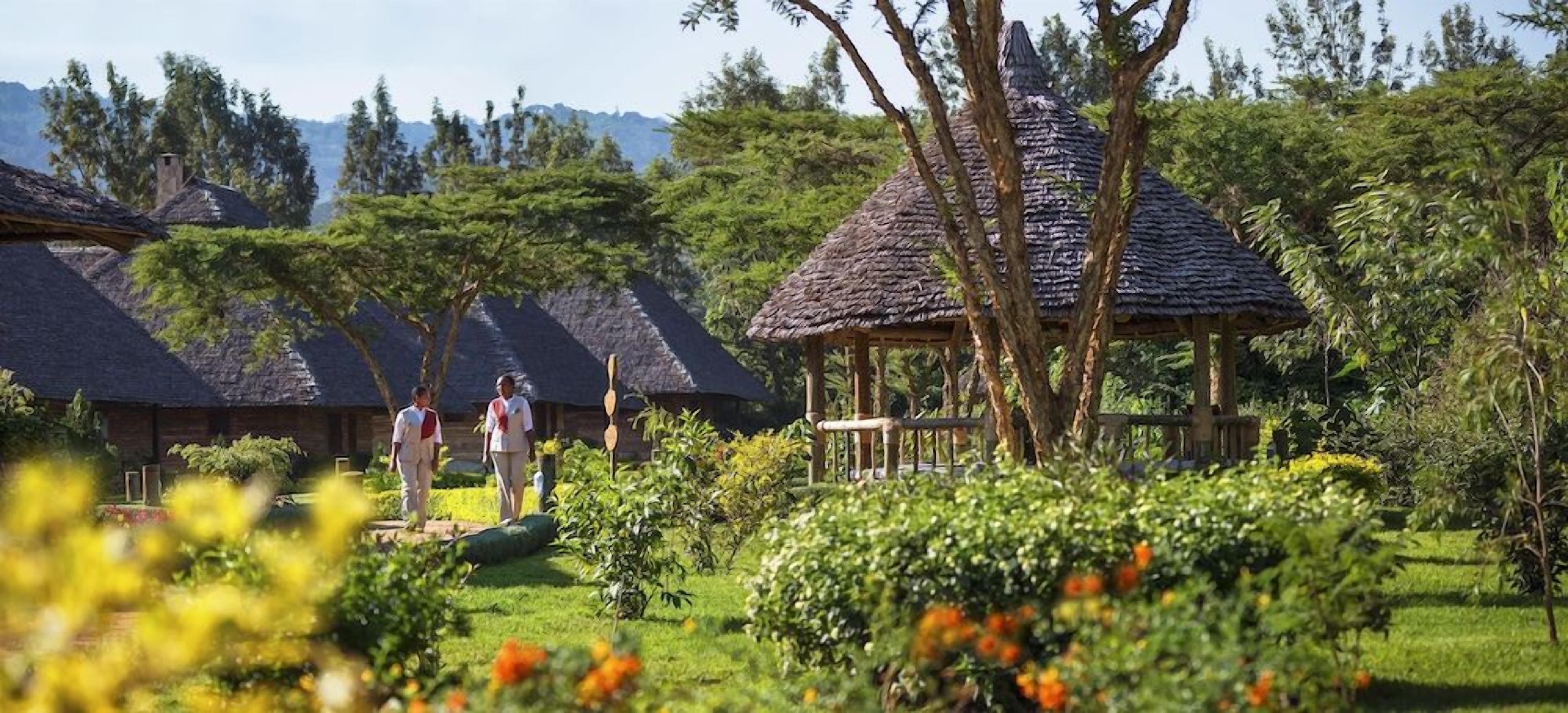 A rural setting with thatched-roof huts, a gazebo, and lush greenery.