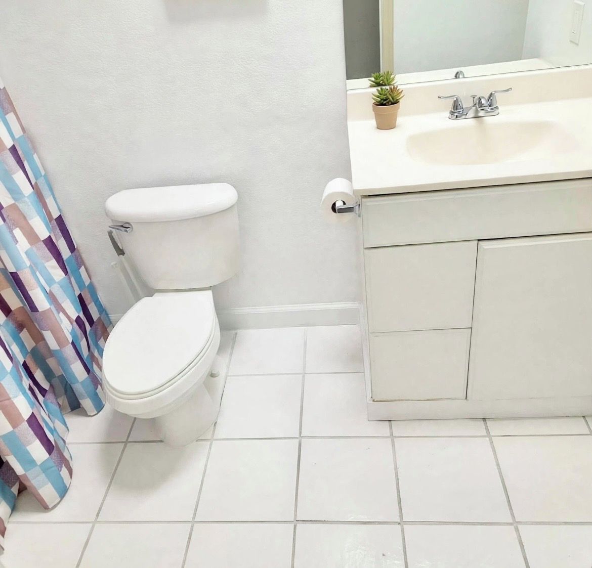 Un baño con inodoro, lavamanos y espejo.