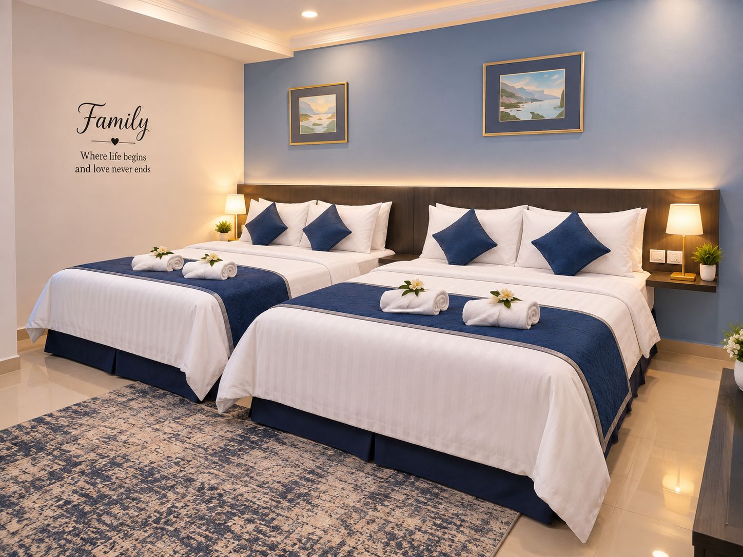 Habitación de hotel con dos camas, decoración azul y blanca, una alfombra grande y dos cuadros en la pared.