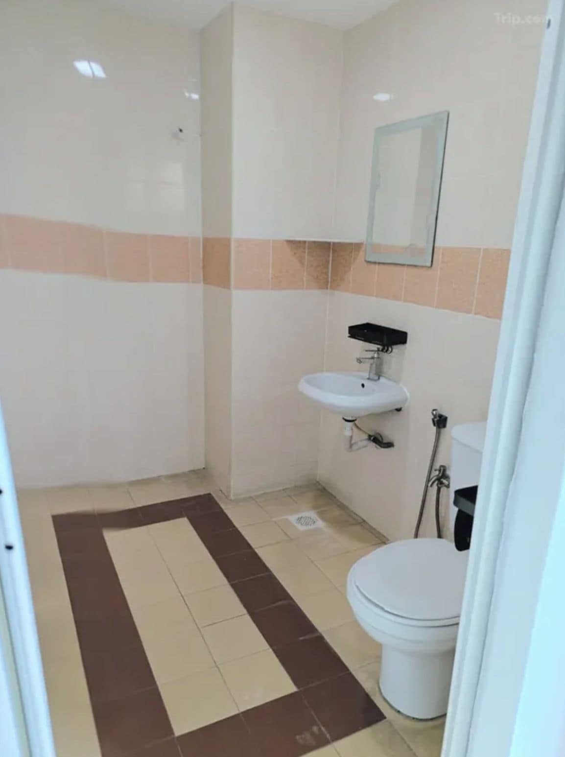 A bathroom with a toilet, sink, and shower area.