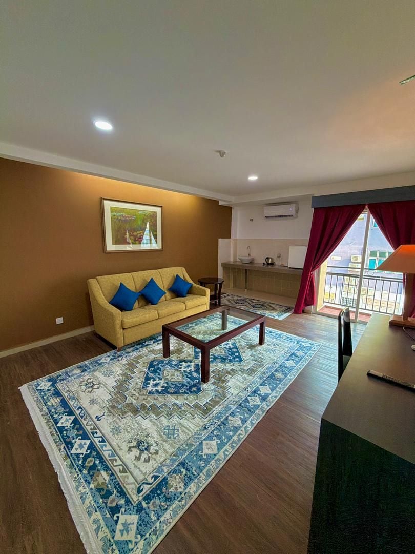 A living room with a sofa, coffee table, and a patterned rug. There is a kitchen area with a sink and a window with curtains.