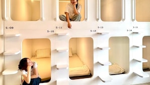 A series of bunk beds with individual compartments, each with a small window and a pull-out shelf.