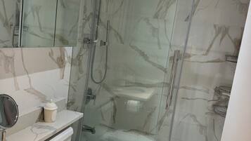A modern bathroom with a glass-enclosed shower, a toilet, and a vanity with a mirror.