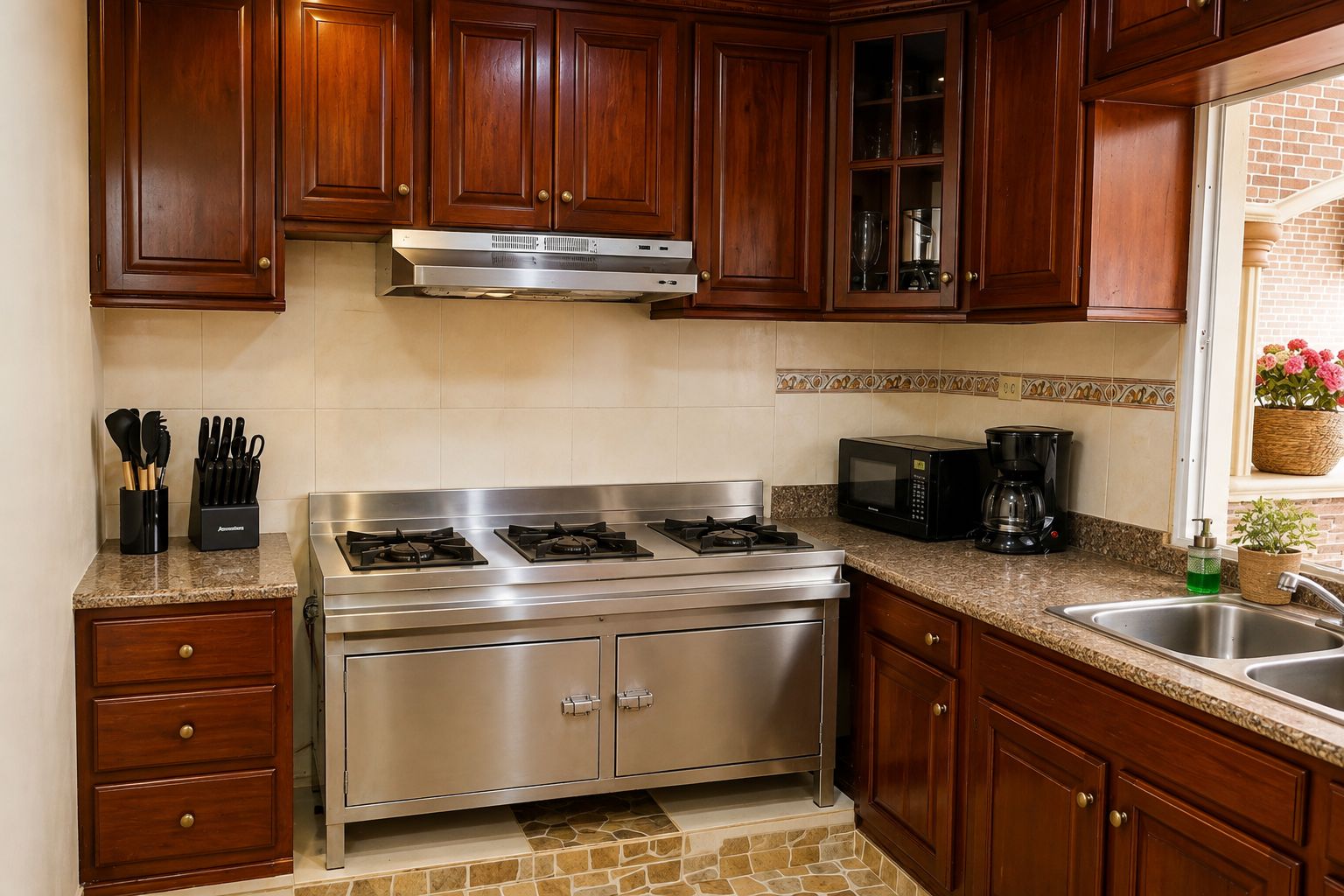 A kitchen with wooden cabinets, a stainless steel stove, a microwave, and a coffee maker.