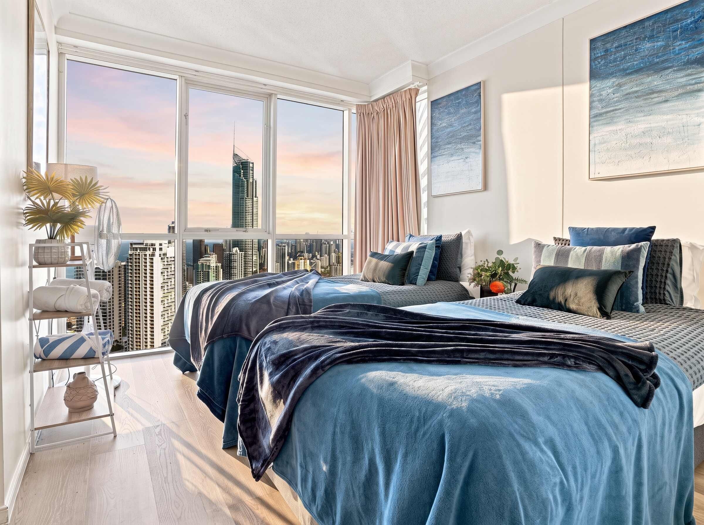 Une chambre avec vue sur la ville, un lit agrémenté de plusieurs oreillers, une table de chevet et une grande fenêtre.