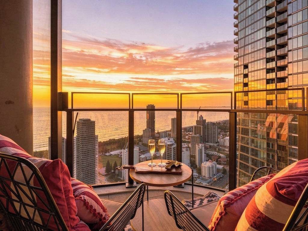 Un balcón con vista a la ciudad, una mesa con vasos y una silla.
