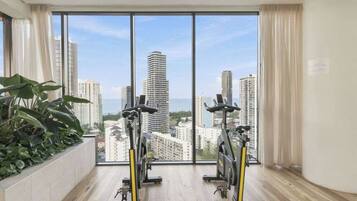A room with two exercise bikes, a large window with a city view, and a plant on the left.