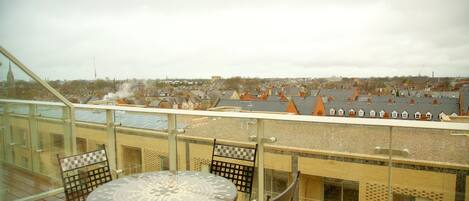 A balcony with a table and chairs, overlooking a residential area with houses and a distant tower.