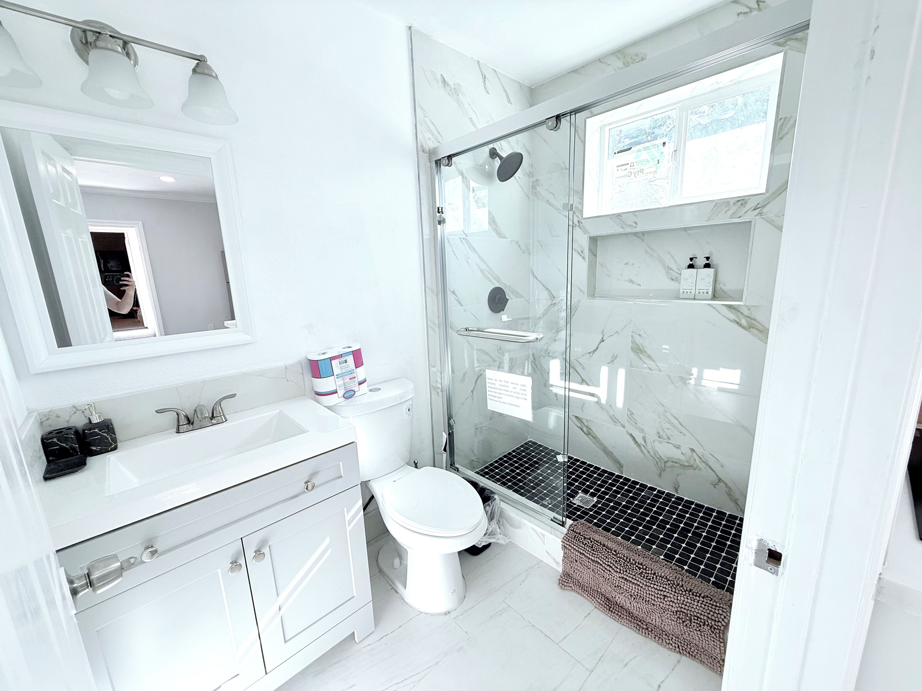 Hair dryer, towels, soap, toilet paper