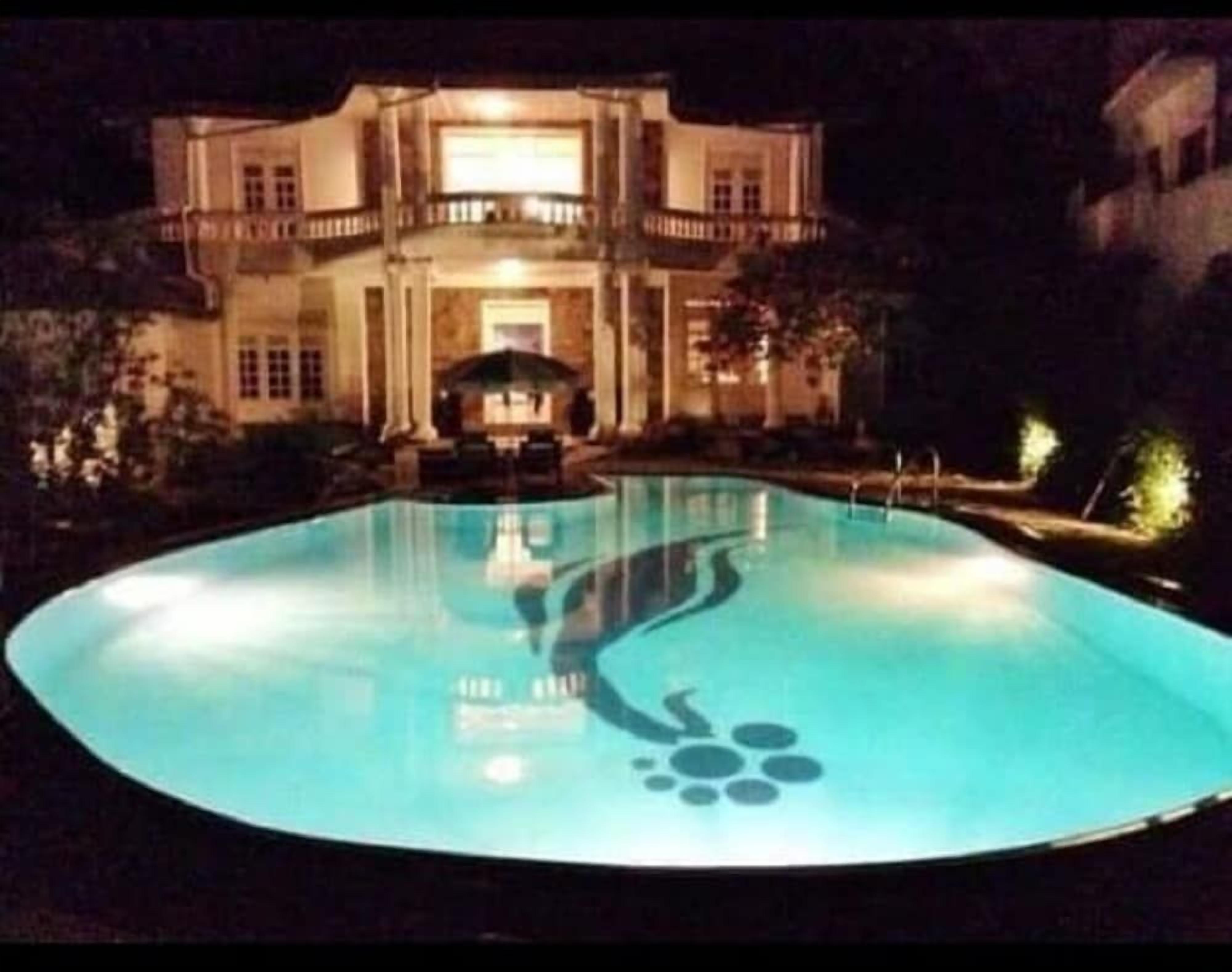 A large, illuminated swimming pool with a unique design at night.