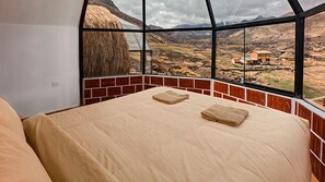 Un dormitorio con un ventanal grande, una cama con dos almohadas y vistas a un paisaje rural.