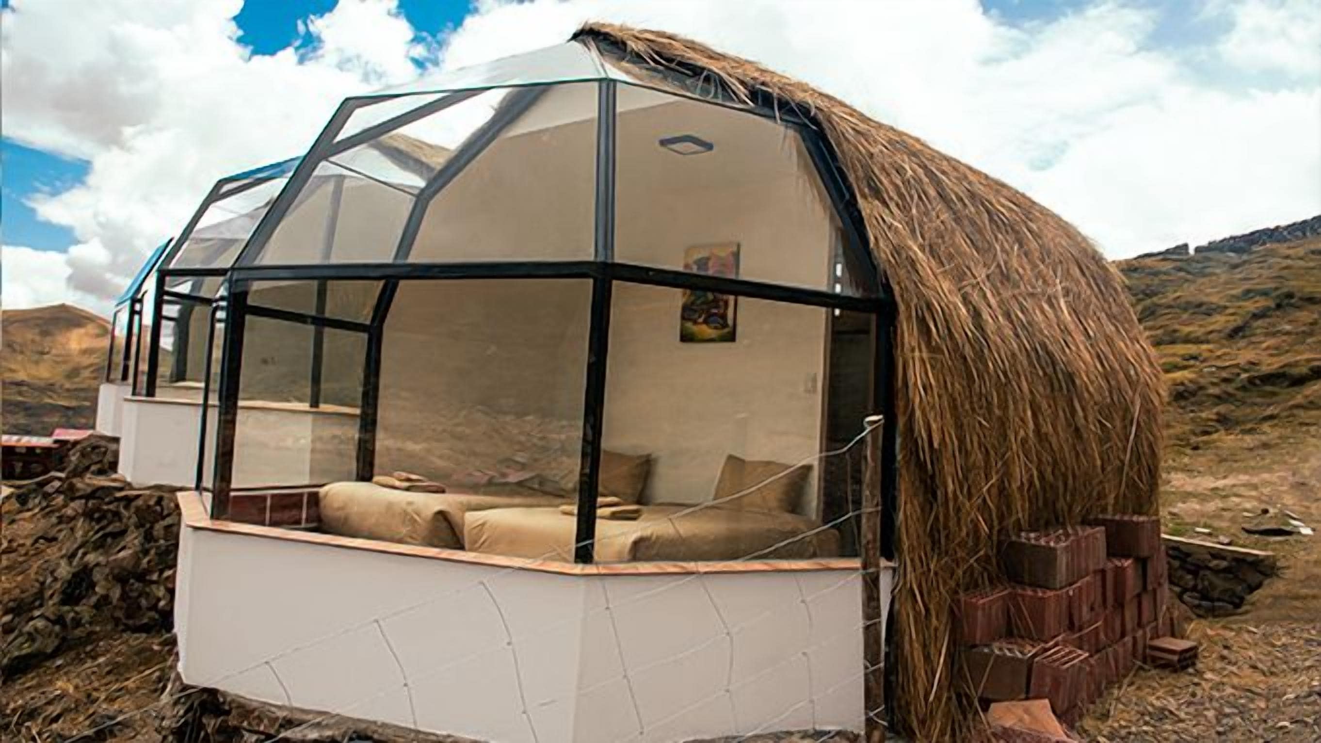 Une structure en forme de dôme géodésique, recouverte d’un toit de chaume, avec un lit et une fenêtre.