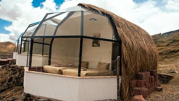 Une structure en forme de dôme géodésique, recouverte d’un toit de chaume, avec un lit et une fenêtre.