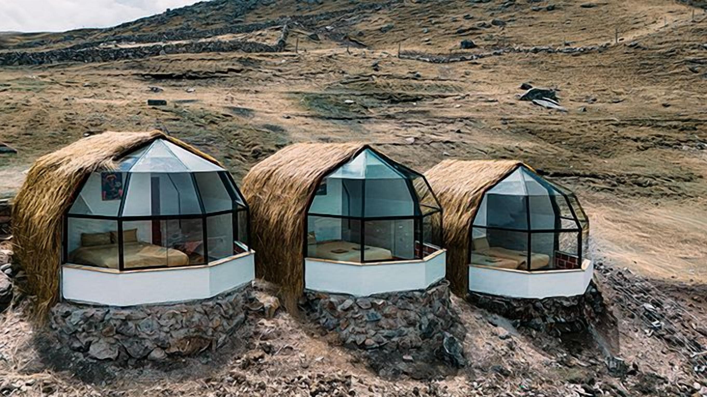 Tres estructuras de domos geodésicos con techos de paja, cada uno con un frente de cristal y un interior visible.