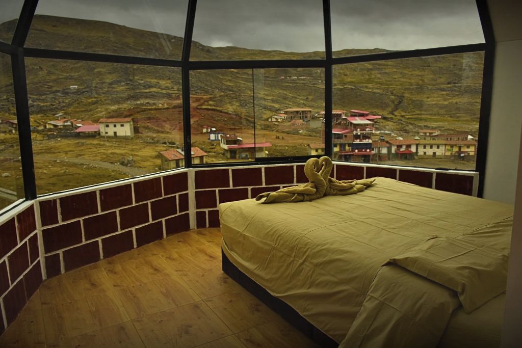 A room with a large window, a bed, and a teddy bear.