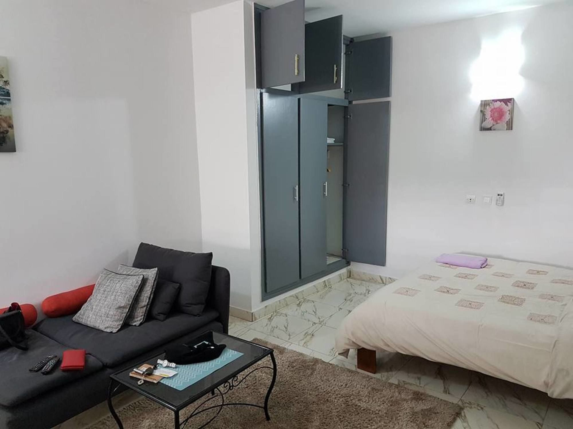 A compact room with a bed, a sofa, and a wardrobe.