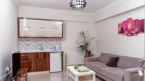 Un espacio habitable compacto con kitchenette, un sofá, una mesita de centro y un adorno de pared.