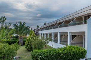 A building with a covered outdoor area, surrounded by various types of greenery and a palm tree.
