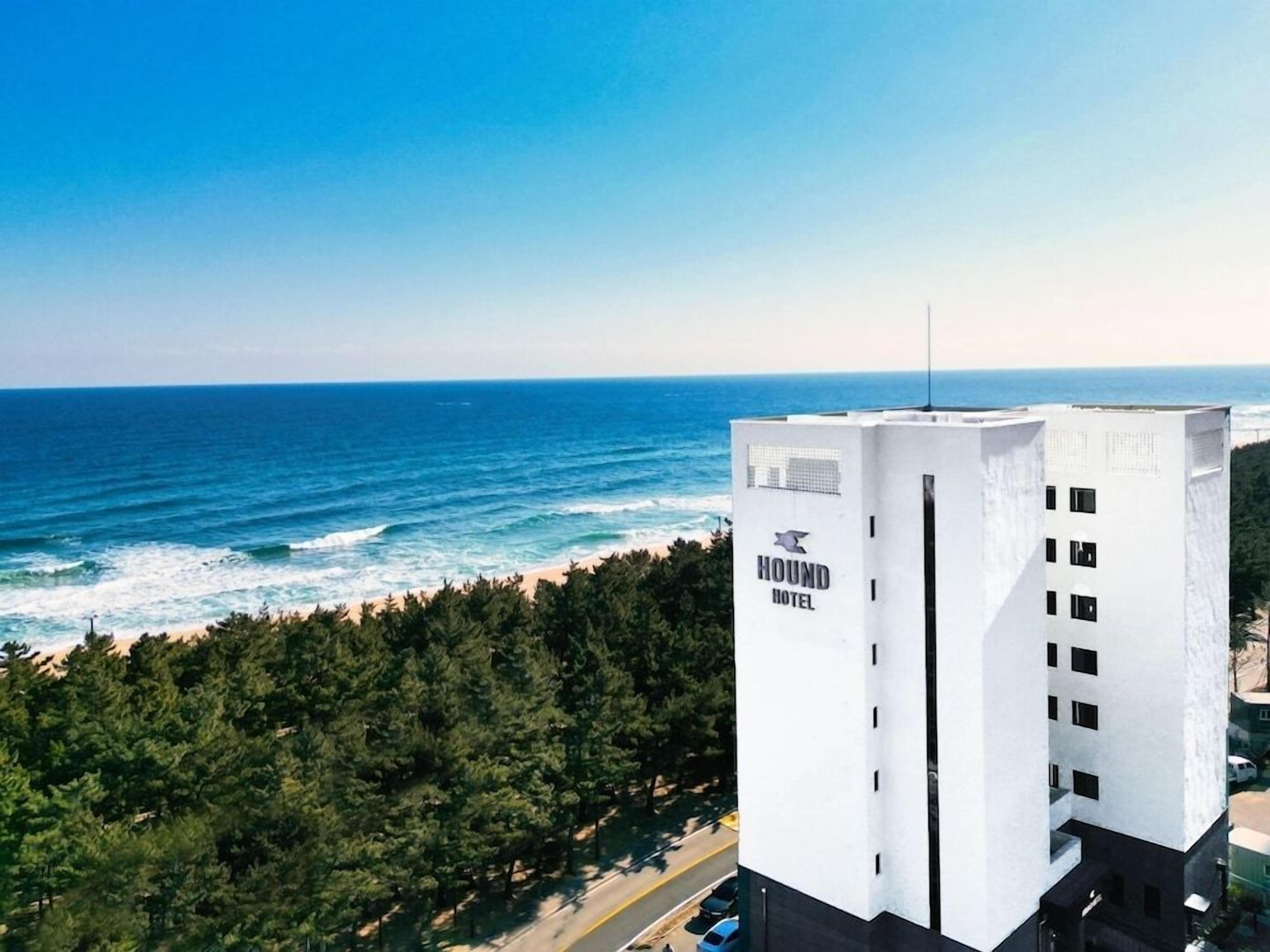 A white building with 'HOUND HOTEL' signage, overlooking a beach with waves and dense greenery.