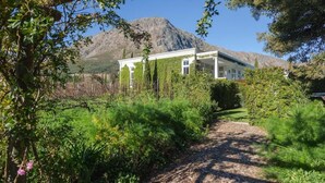 Un edifici amb façana blanca, envoltat de vegetació abundant i una muntanya al fons.