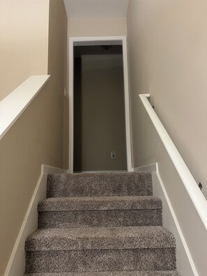 Un escalier recouvert de moquette, avec une rampe blanche, menant à une porte située en haut.