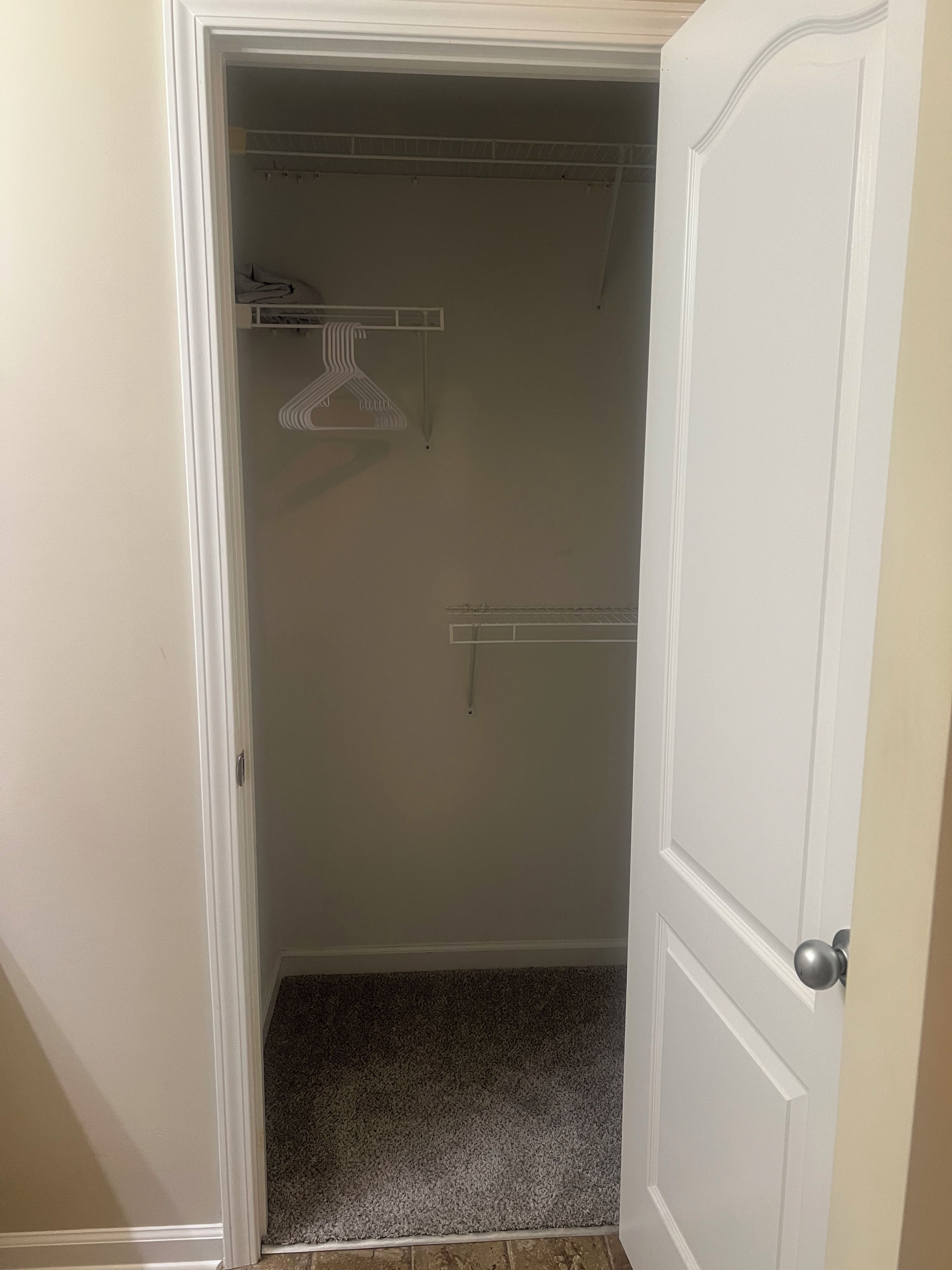Ein geschlossener Schrank mit Kleiderhaken und Teppichboden.