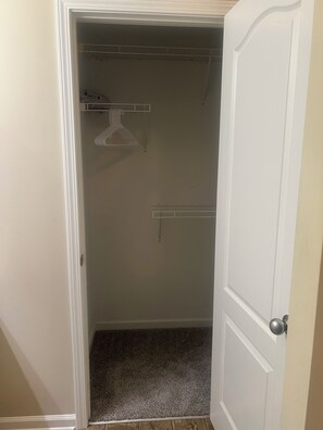 A closed closet with hanging storage and a carpeted floor.