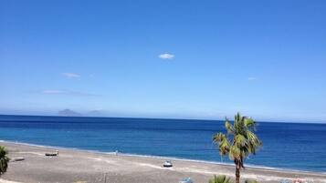A beach with boats, palm trees, and a clear sky.