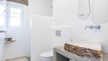 Ein Badezimmer mit Toilette, Dusche, Waschtisch mit Steinbecken und Spiegel.