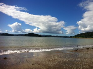 Ein Strand mit ruhiger See, Sandküste und sanften Hügeln im Hintergrund.