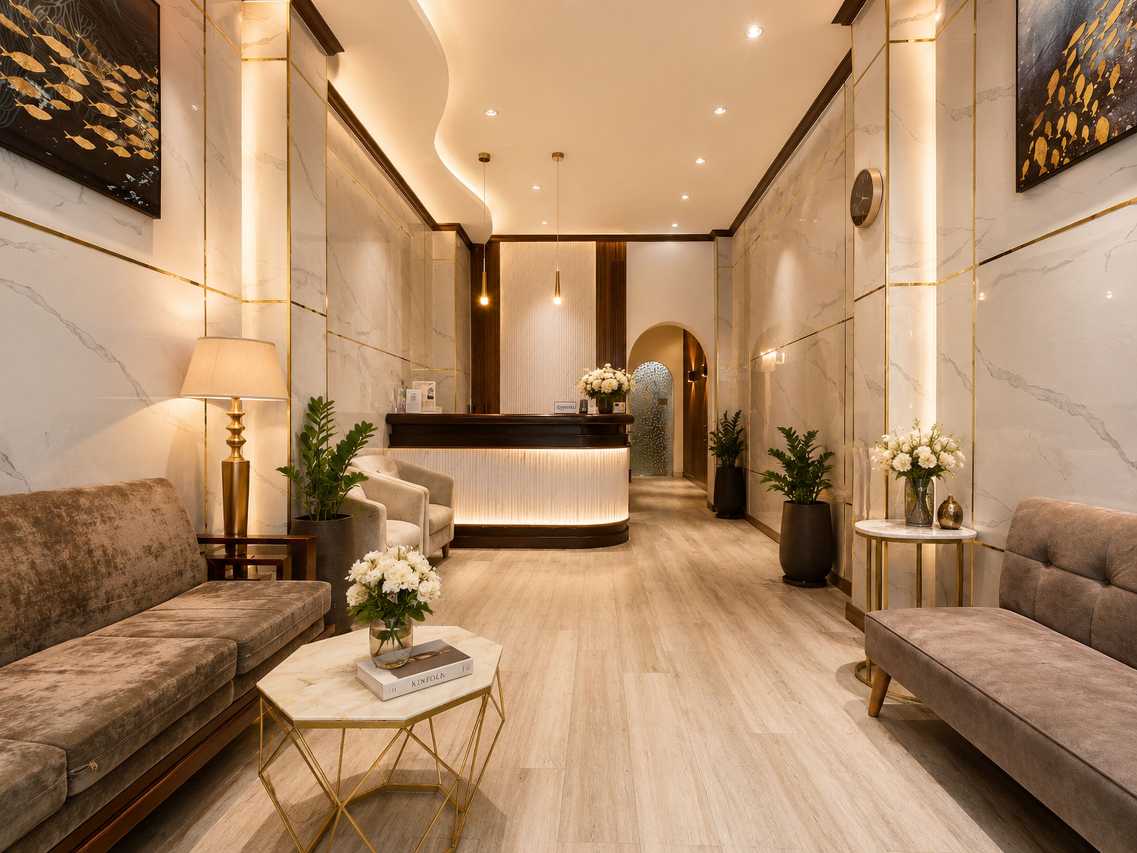 A modern lobby with marble floors, a reception desk, sofas, and potted plants.