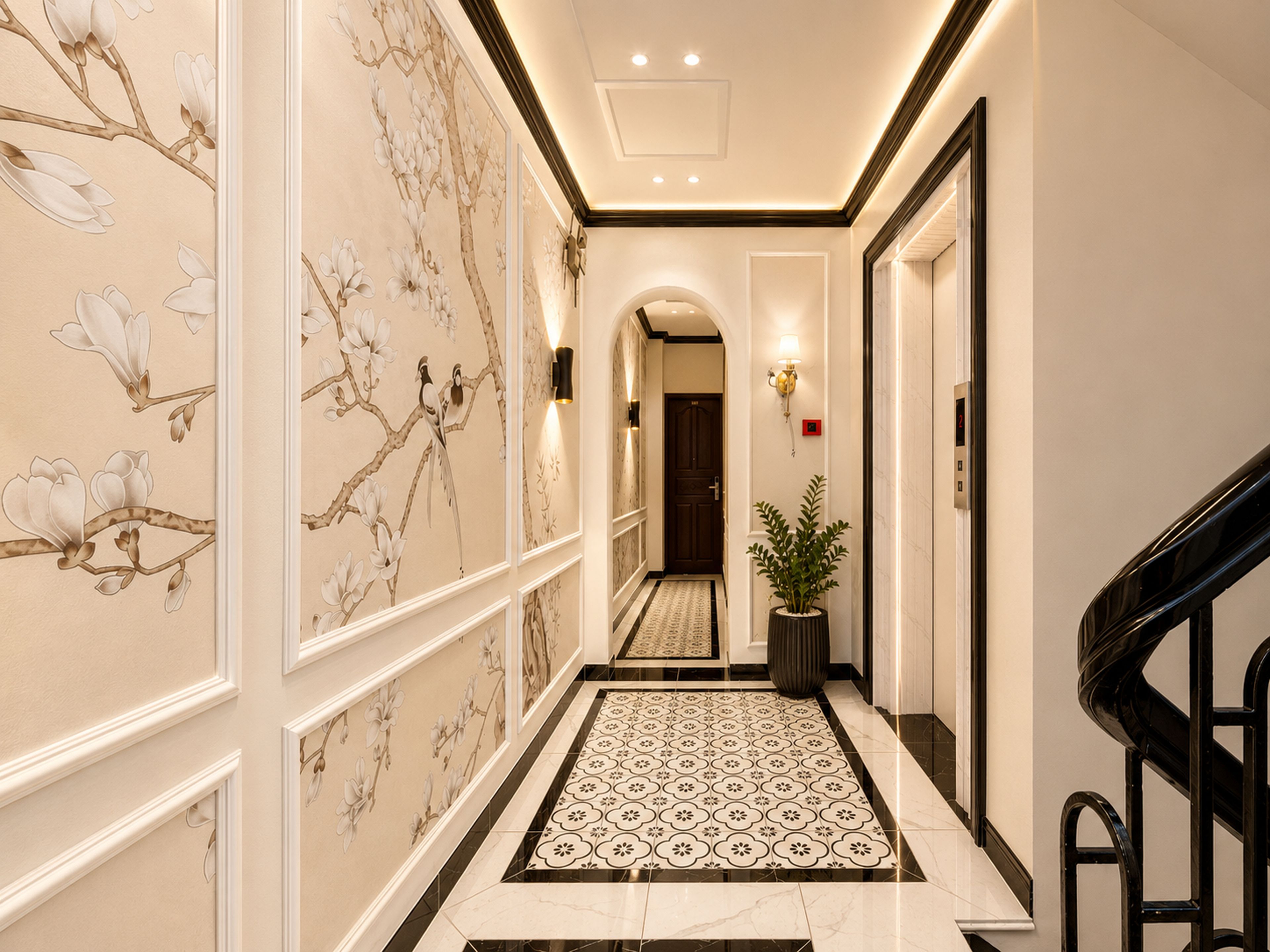 A hallway with a patterned wall, a potted plant, a staircase, and a door at the end.