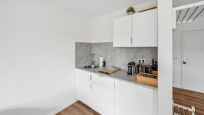 Una cocina compacta con armarios blancos, encimera gris y una planta pequeña en la repisa superior.