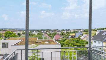 Un balcón con vista a una zona residencial, con barandilla metálica y dos sillas de mimbre.